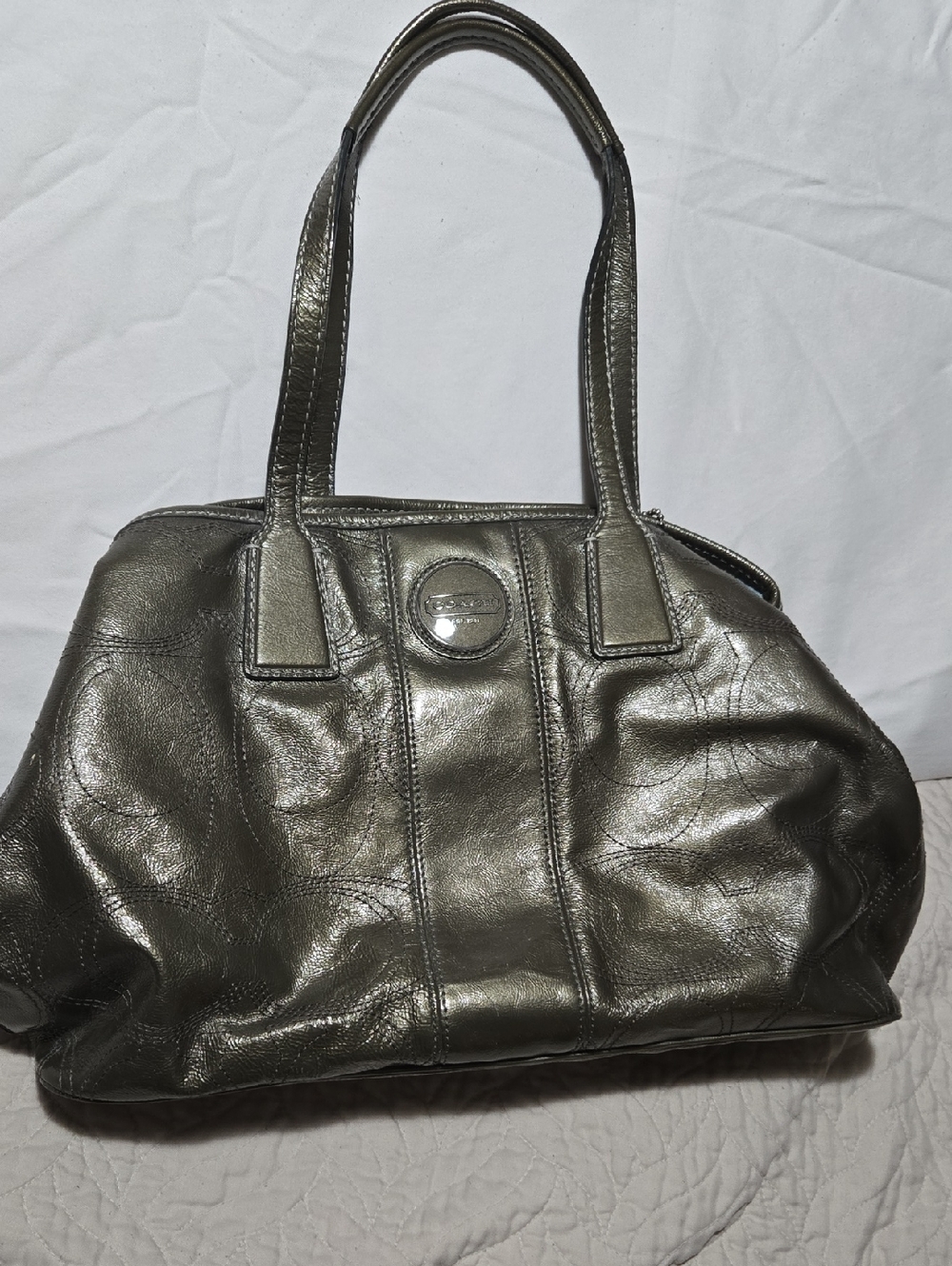 Coach Silver /Gray Kiss Lock Satchel Handbag